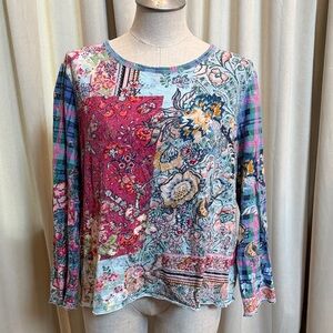 Sundance XXL Patchwork knit Floral Long-Sleeve Top in Pink & Blue 3/4 sleeve